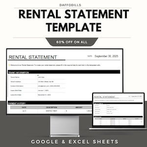 Könnte beinhalten: Eine digitale Mietabrechnungsvorlage, die auf einem Computermonitor und einem Laptop angezeigt wird. Die Vorlage enthält Felder für Mieterinformationen, Mietdetails und Zahlungshistorie. Der Text "RENTAL STATEMENT TEMPLATE" steht oben, darunter "60% OFF ON ALL".