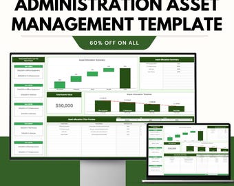 Peut inclure: Un écran d'ordinateur et un ordinateur portable affichent un modèle de gestion des actifs vert et blanc. Le texte indique "ADMINISTRATION ASSET MANAGEMENT TEMPLATE" et "60% OFF ON ALL". Le modèle est pour Google & Excel Sheets.