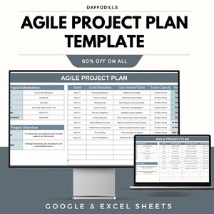 May include: A digital template for an Agile Project Plan, displayed on a computer monitor and a laptop. The template includes sections for sprints, goals, user stories, and team capacity. The text "AGILE PROJECT PLAN TEMPLATE" is prominently displayed.
