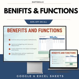Op de afbeelding: Advertentie voor een digitaal product met de tekst "BENIFITS & FUNCTIONS" en "60% OFF ON ALL". De afbeelding toont een computermonitor en een laptop met een spreadsheet met voordelen. De onderkant van de afbeelding luidt "GOOGLE & EXCEL SHEETS".