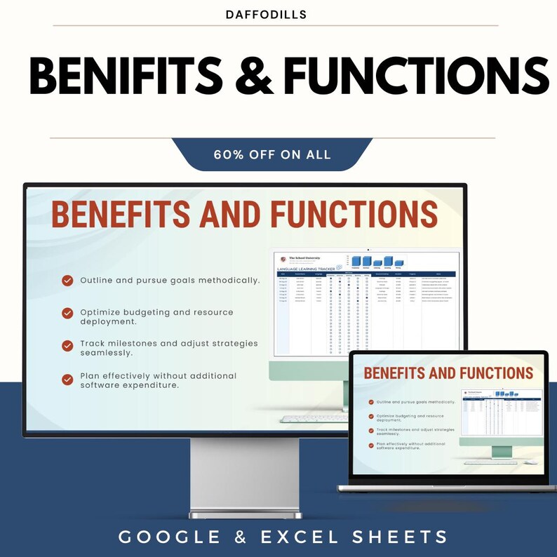 Op de afbeelding: Advertentie voor een digitaal product met de tekst "BENIFITS & FUNCTIONS" en "60% OFF ON ALL". De afbeelding toont een computermonitor en een laptop met een spreadsheet met voordelen. De onderkant van de afbeelding luidt "GOOGLE & EXCEL SHEETS".