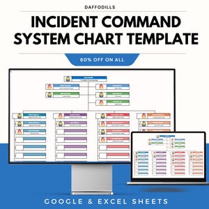 May include: A digital graphic of an Incident Command System Chart Template on a computer monitor and laptop. The chart displays organizational roles with names and titles. Text includes "DAFFODILLS", "INCIDENT COMMAND SYSTEM CHART TEMPLATE", "60% OFF ON ALL", and "GOOGLE & EXCEL SHEETS".