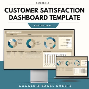 May include: A computer monitor and laptop display a customer satisfaction dashboard template. The dashboard includes charts and graphs with data visualizations. The text on the screen reads "Customer Satisfaction Dashboard Template" and "Google & Excel Sheets."