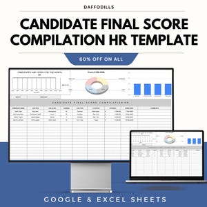 May include: A digital HR template on a computer monitor and laptop, displaying candidate final score compilation data. The template includes charts, graphs, and tables with the text "CANDIDATE FINAL SCORE COMPILATION HR TEMPLATE". The image also includes the text "60% OFF ON ALL".