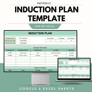 May include: A digital template for an induction plan, displayed on a desktop monitor and a laptop. The template includes sections for company information, employee details, and an induction schedule. The text reads "INDUCTION PLAN TEMPLATE" and "60% OFF ON ALL".