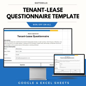Könnte beinhalten: Eine digitale Vorlage für einen Mietfragebogen, angezeigt auf einem Desktop-Monitor und Laptop. Der Text lautet "Tenant-Lease Questionnaire Template" mit einer 60% Rabatt-Aktion. Der untere Teil des Bildes lautet "Google & Excel Sheets".