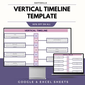 May include: A computer monitor and laptop display a vertical timeline template. The template is in shades of pink and white, with text that reads "Vertical Timeline Template" and "60% Off On All." The bottom of the image says "Google & Excel Sheets."