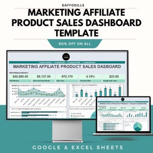 May include: A digital marketing affiliate product sales dashboard template displayed on a computer monitor and laptop. The template includes charts, graphs, and financial data. The text on the image reads "Marketing Affiliate Product Sales Dashboard Template" and "60% Off On All."