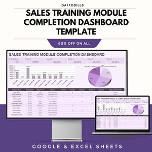 May include: A digital dashboard template for sales training module completion, displayed on a computer monitor and laptop. The template includes charts, graphs, and data tables. The text reads "SALES TRAINING MODULE COMPLETION DASHBOARD TEMPLATE" and "60% OFF ON ALL".