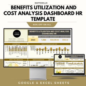 Op de afbeelding: Een digitaal HR-dashboard sjabloon met de weergave van voordelen en kostenanalyse. Het ontwerp bevat grafieken en diagrammen, met de tekst "Benefits Utilization and Cost Analysis Dashboard HR Template" en "60% Off On All". Compatibel met Google & Excel Sheets.