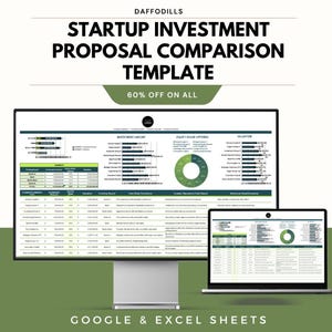 May include: A computer monitor and laptop display a startup investment proposal comparison template. The template includes charts and data tables. Text on the image reads "STARTUP INVESTMENT PROPOSAL COMPARISON TEMPLATE" and "60% OFF ON ALL". The bottom of the image reads "GOOGLE & EXCEL SHEETS".