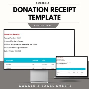 Donation Receipt Template, Charitable Receipt Form, Nonprofit Donation Record, Excel Google Sheets