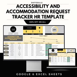 Puede incluir: Una plantilla digital de RRHH en un monitor de ordenador y un portátil, titulada "Seguimiento de solicitudes de accesibilidad y alojamiento". La plantilla muestra datos, gráficos y el texto "60% DE DESCUENTO EN TODO". Diseñado para Google y Excel Sheets.