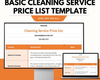 Può includere: Un modello digitale di listino prezzi dei servizi di pulizia su un monitor di computer e un laptop. Il modello include sezioni per servizio, descrizione e prezzo. Il testo recita "Basic Cleaning Service Price List Template" e "60% off on all."