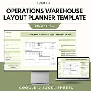 May include: A digital template for warehouse layout planning, displayed on a computer monitor and laptop. The text reads "OPERATIONS WAREHOUSE LAYOUT PLANNER TEMPLATE" with a 60% off promotion. The template is compatible with Google & Excel Sheets.