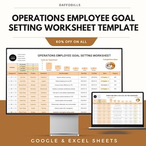 May include: A digital template for an Operations Employee Goal Setting Worksheet. The image shows a computer monitor and a laptop displaying the worksheet, with a 47% completion rate. The template is available for Google & Excel Sheets.