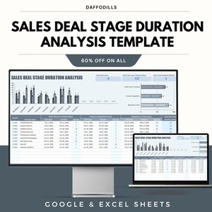 Op de afbeelding: Een computerscherm en een laptop tonen een sjabloon voor de analyse van de duur van de verkoopfasen. De sjabloon bevat grafieken en gegevenstabellen. De tekst op het scherm luidt "SALES DEAL STAGE DURATION ANALYSIS TEMPLATE" en "60% OFF ON ALL".