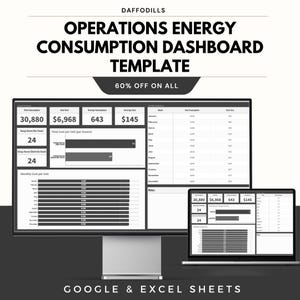 May include: A computer monitor and laptop showing an energy consumption dashboard template. The template includes data visualizations and numerical data, with the text "OPERATIONS ENERGY CONSUMPTION DASHBOARD TEMPLATE" and "60% OFF ON ALL". The template is for Google & Excel Sheets.
