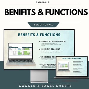 May include: A digital graphic promoting Google & Excel Sheets, with the text "BENIFITS & FUNCTIONS" and "60% OFF ON ALL". The image shows two laptops displaying project management benefits, including enhanced visualization and efficient tracking.