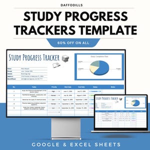 Puede incluir: Una plantilla digital para el seguimiento del progreso del estudio, que se muestra en un monitor de ordenador y un portátil. La plantilla incluye secciones para tareas, fechas de inicio y fin y estado. La imagen también presenta el texto "STUDY PROGRESS TRACKERS TEMPLATE" y "60% OFF ON ALL".
