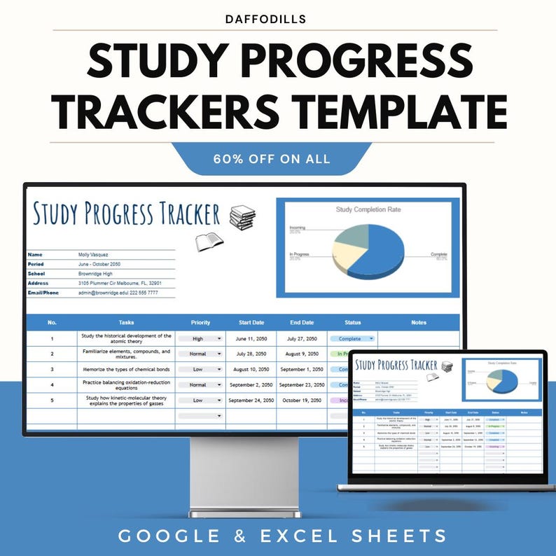 May include: A digital study progress tracker template, shown on a computer monitor and laptop. The template includes sections for tasks, start and end dates, and status. The image also features the text "STUDY PROGRESS TRACKERS TEMPLATE" and "60% OFF ON ALL".