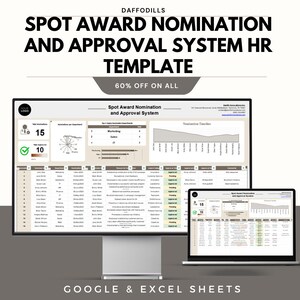 Può includere: Un monitor di computer e un laptop che mostrano un "Modello HR del sistema di nomina e approvazione dei premi". Il modello include grafici e tabelle di dati. Il testo "SCONTO DEL 60% SU TUTTO" è visibile. Per Google & Excel Sheets.