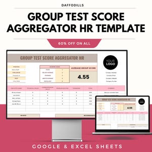 May include: A digital HR template on a computer monitor and laptop screen. The template displays a group test score aggregator with employee names, technical skills, and communication skills. The text "GROUP TEST SCORE AGGREGATOR HR TEMPLATE" is at the top.