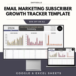 Könnte beinhalten: Vorlage zur Nachverfolgung des Abonnentenwachstums im E-Mail-Marketing, dargestellt auf einem Computermonitor und Laptop. Die Vorlage zeigt Diagramme für Abonnenten. Der Text enthält "2024" und "Zusammenfassung".