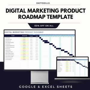 May include: A digital marketing product roadmap template displayed on a desktop monitor and a laptop. The template includes a task list, status indicators, and timelines. The image also features the text "DIGITAL MARKETING PRODUCT ROADMAP TEMPLATE" and "60% OFF ON ALL".