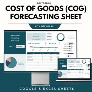 May include: A computer monitor and laptop display a cost of goods forecasting sheet. The sheet includes data on raw materials, direct labor, and overhead costs. The text reads "Cost of Goods (COG) Forecasting Sheet" and "60% off on all."