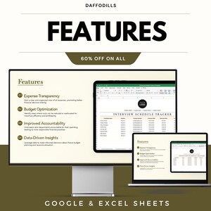 May include: An advertisement for a digital product, featuring the word "FEATURES" in bold black text. The image displays a computer monitor, tablet, and laptop, all showing spreadsheets. The text "60% OFF ON ALL" is also visible. The product is for Google & Excel Sheets.