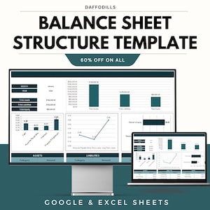 Puede incluir: Una plantilla de balance digital que se muestra en un monitor de computadora y una computadora portátil. La plantilla incluye gráficos y tablas con datos financieros. El texto de la imagen incluye "BALANCE SHEET STRUCTURE TEMPLATE" y "GOOGLE & EXCEL SHEETS".