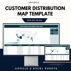 May include: A customer distribution map template displayed on a desktop monitor and a laptop. The map shows a U.S. outline with highlighted states. The text reads "Customer Distribution Map Template" and "60% Off On All". The template is for Google & Excel Sheets.