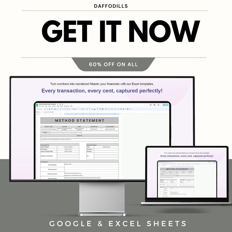 May include: A computer monitor and laptop display a spreadsheet template with the text "METHOD STATEMENT." The image includes the text "GET IT NOW," "60% OFF ON ALL," and "GOOGLE & EXCEL SHEETS."