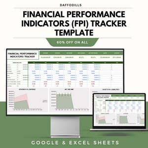 Puede incluir: Un monitor de computadora y una computadora portátil muestran una plantilla de seguimiento de indicadores de rendimiento financiero (FPI). La plantilla incluye gráficos y tablas de datos con información financiera. La imagen también incluye el texto "60% OFF ON ALL" y "GOOGLE & EXCEL SHEETS".