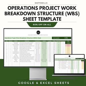 May include: A digital template for an Operations Project Work Breakdown Structure (WBS) sheet, displayed on a desktop monitor and a laptop. The template includes a table with project tasks, descriptions, and completion rates. The text "60% OFF ON ALL" is visible.