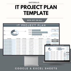 May include: A digital IT Project Plan Template displayed on a computer monitor and laptop. The template includes charts, task lists, and project details. The image also features the text "IT PROJECT PLAN TEMPLATE" and "GOOGLE & EXCEL SHEETS".