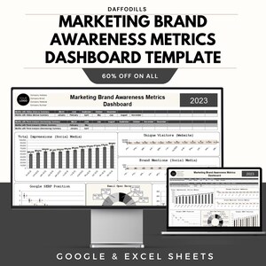 May include: A digital marketing dashboard template on a computer monitor and laptop. The template displays brand awareness metrics, including social media impressions, website visitors, and brand mentions. The text reads "Marketing Brand Awareness Metrics Dashboard Template".