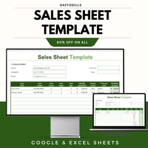 May include: A digital sales sheet template displayed on a desktop monitor and a laptop. The template includes fields for company details, lead information, and sales forecasts. The text reads "SALES SHEET TEMPLATE" and "60% OFF ON ALL".
