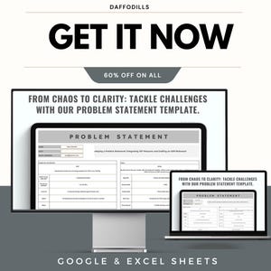 May include: A promotional image for Daffodils featuring a desktop computer and a laptop displaying a "Problem Statement" template. The text "GET IT NOW" is prominently displayed, along with "60% OFF ON ALL" and "GOOGLE & EXCEL SHEETS". The theme is about tackling challenges.