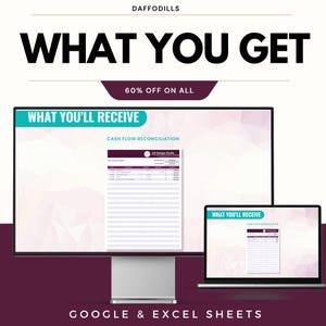 Pode incluir: Imagem promocional da Daffodils, com um monitor de secret&aacute;ria e um port&aacute;til a exibir uma folha de c&aacute;lculo de reconcilia&ccedil;&atilde;o de fluxo de caixa. O texto inclui "WHAT YOU GET", "60% OFF ON ALL" e "GOOGLE & EXCEL SHEETS".