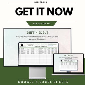 以下が含まれることがあります： GoogleとExcel Sheetsの広告。画像には、スプレッドシートを表示するデスクトップコンピュータとラップトップが表示されています。「GET IT NOW」、「60% OFF ON ALL」、「DON'T MISS OUT」というテキストが表示されています。広告は正確なドキュメント追跡を促進しています。