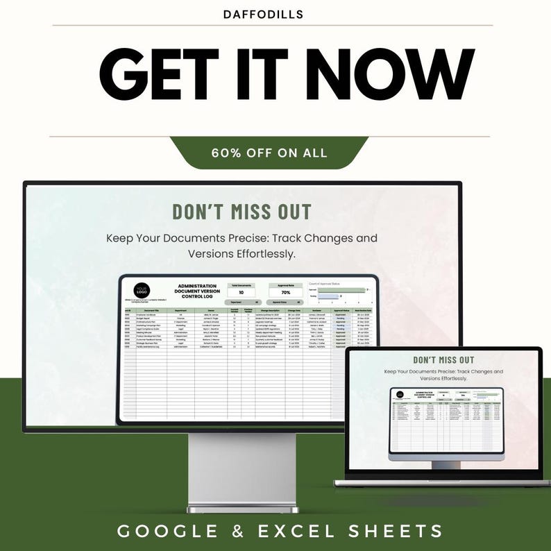 以下が含まれることがあります： GoogleとExcel Sheetsの広告。画像には、スプレッドシートを表示するデスクトップコンピュータとラップトップが表示されています。「GET IT NOW」、「60% OFF ON ALL」、「DON'T MISS OUT」というテキストが表示されています。広告は正確なドキュメント追跡を促進しています。