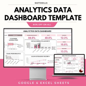 May include: A digital analytics data dashboard template displayed on a computer monitor and laptop. The template includes charts and graphs for customer satisfaction, social media engagement, email performance, and lead generation metrics. The text on the image reads "Analytics Data Dashboard Template" and "60% Off On All".