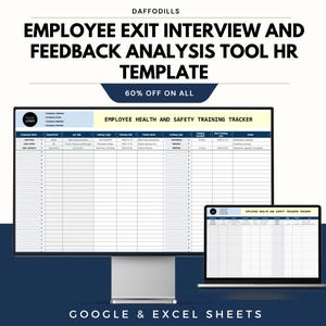 May include: A digital template for employee exit interviews and feedback analysis, with the text "EMPLOYEE EXIT INTERVIEW AND FEEDBACK ANALYSIS TOOL HR TEMPLATE" and "60% OFF ON ALL". The template is displayed on a computer monitor and a laptop, with the text "GOOGLE & EXCEL SHEETS".