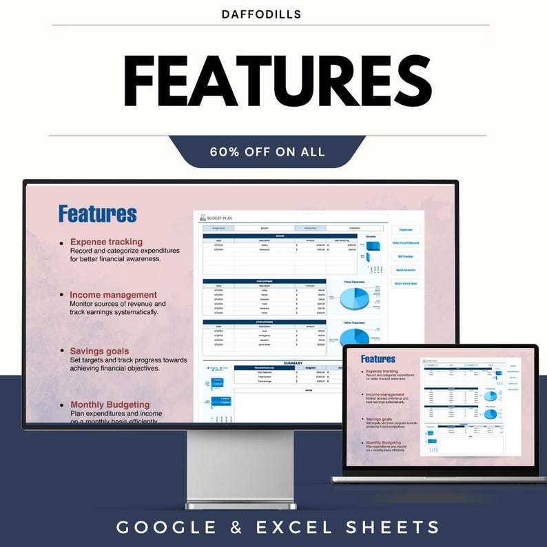 May include: A digital marketing image for Google & Excel Sheets. The image displays a computer monitor and laptop screen showing a spreadsheet with financial data. The text includes "Features", "Expense tracking", "Income management", "Savings goals", and "Monthly Budgeting". The image also includes the text "60% OFF ON ALL".