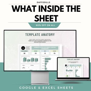 K&ouml;nnte beinhalten: Ein Computermonitor und ein Laptop zeigen eine Tabellenvorlage mit Datenvisualisierungen. Der Text "WHAT INSIDE THE SHEET" und "60% OFF ON ALL" stehen oben. Der Text unten lautet "GOOGLE & EXCEL SHEETS".
