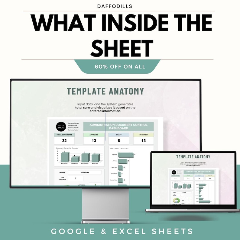 K&ouml;nnte beinhalten: Ein Computermonitor und ein Laptop zeigen eine Tabellenvorlage mit Datenvisualisierungen. Der Text "WHAT INSIDE THE SHEET" und "60% OFF ON ALL" stehen oben. Der Text unten lautet "GOOGLE & EXCEL SHEETS".
