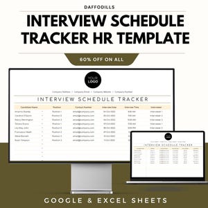 May include: A digital HR template for interview scheduling, displayed on a desktop monitor and a laptop. The template includes fields for candidate names, positions, contact information, interview dates, times, and interviewers. The text "INTERVIEW SCHEDULE TRACKER HR TEMPLATE" is at the top.
