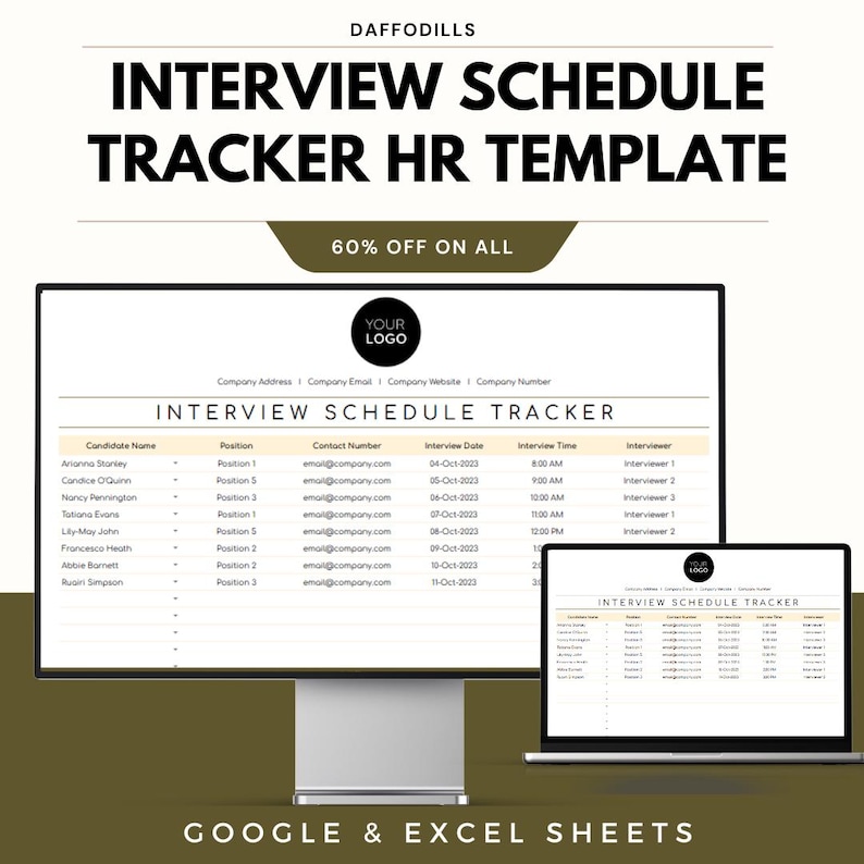 May include: A digital HR template for interview scheduling, shown on a desktop monitor and a laptop. The template includes fields for candidate names, positions, contact information, interview dates, times, and interviewers. The text "INTERVIEW SCHEDULE TRACKER HR TEMPLATE" is at the top.